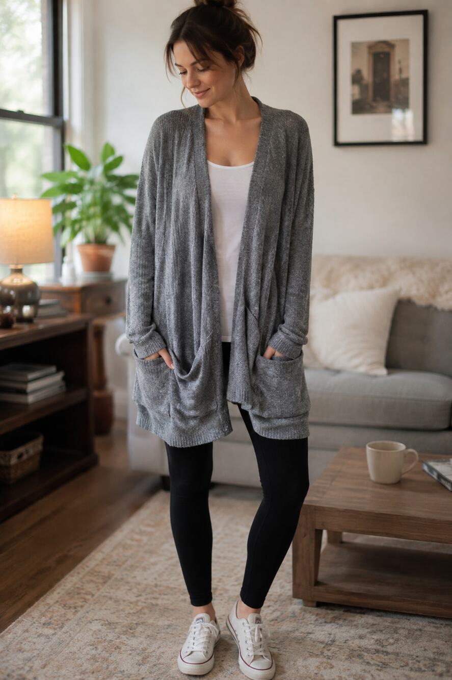 Gray Draped Open Front Cardigan Medium Oversized Soft Knit Pockets Longline Cozy